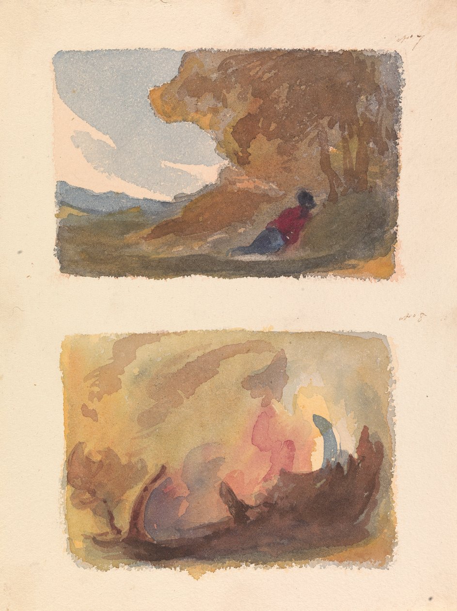 Kaksi piirustusta yhdelle arkille: Maisema, jossa hahmo nojaa kukkulalle - Tizian ja venetsialainen koulu (nro 7); Maisema – erilaisia akvarellipesuja (nro 8) tekijältä Thomas Sully
