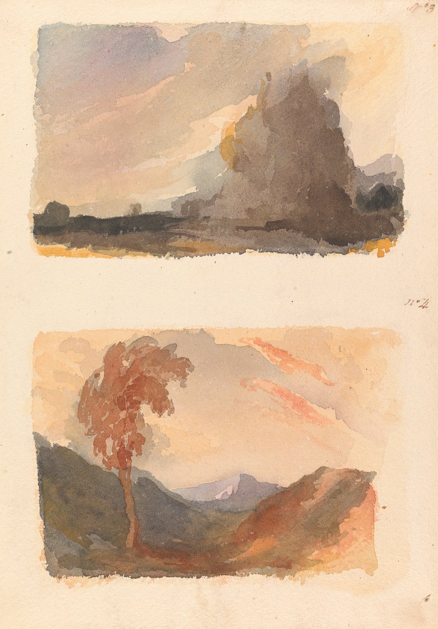 Kaksi piirustusta yhdelle arkille: Maisema suurella kalliolla etualalla - Cuypin periaate (nro 3); Maisema, jossa puu etualalla, vuoret kaukana - molempien periaate (nro 4) tekijältä Thomas Sully