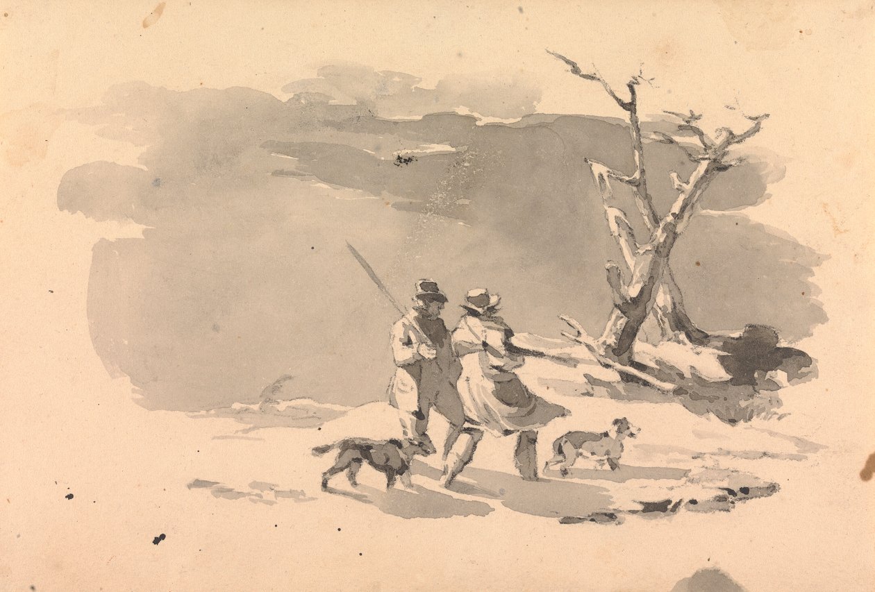 Kaksi metsästäjää ja kaksi koiraa talvimaisemassa tekijältä Thomas Sully