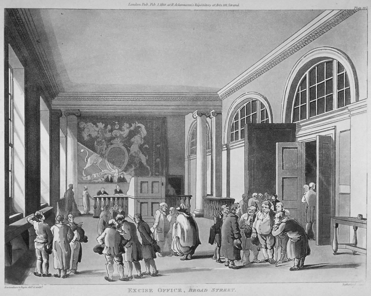 Valmisteviraston sisätilat, Old Broad Street, Lontoon kaupunki, 1810 tekijältä Thomas Sutherland