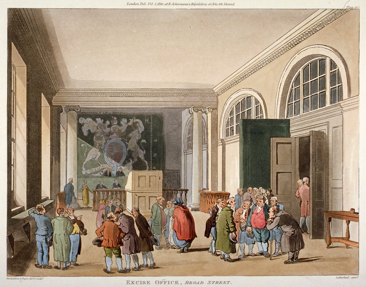 Valmisteverotoimiston sisätilat, Old Broad Street, Lontoon kaupunki, 1810 tekijältä Thomas Sutherland