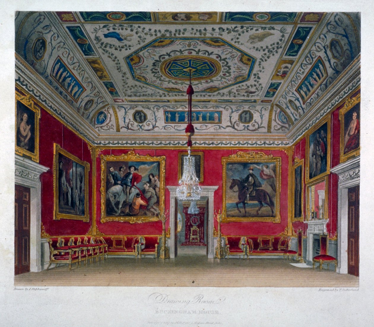 Sisäkuva olohuoneesta Buckingham Housessa, Westminsterissä, Lontoossa, 1817 tekijältä Thomas Sutherland