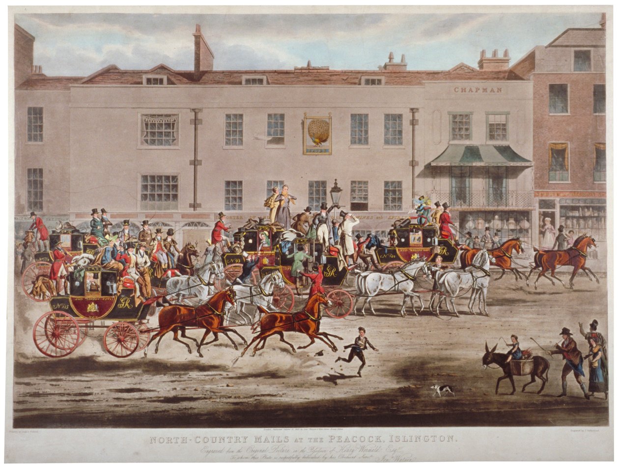 Postilinja-autot Peacock Innin edessä Islington High Streetillä, Lontoossa, 1823. tekijältä Thomas Sutherland