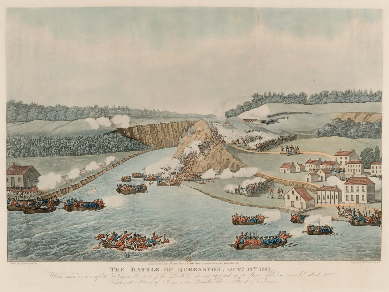 Queenstonin taistelu, 13. lokakuuta 1813 (akvatinta, värillinen) tekijältä Thomas Sutherland