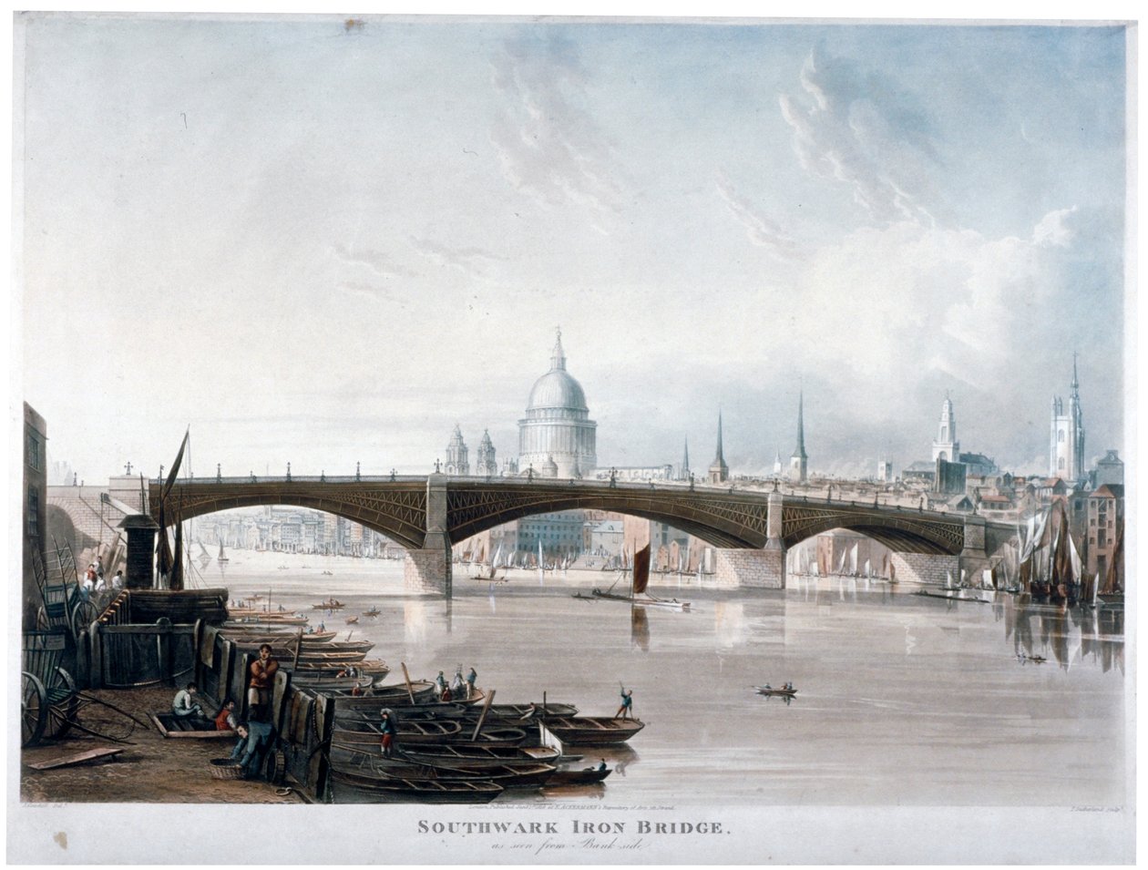 Näkymä "Southwark Iron Bridgelle" Banksidesta, Lontoosta, 1819 tekijältä Thomas Sutherland