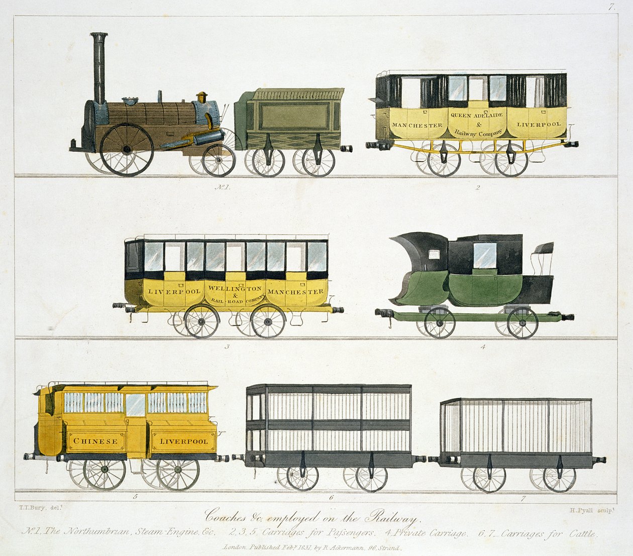Rautateillä työskentelevät linja-autot, levy 7 Liverpool and Manchester Railwaysta, kaiverrus Henry Pyall (1795-1833), pub. kirjoittanut R. Ackermann, 1831 tekijältä Thomas Talbot Bury