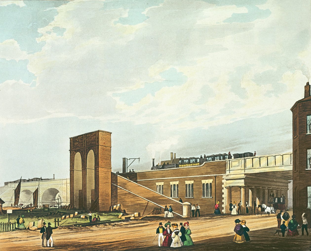 Sisäänkäynti Manchesteriin Water Streetin yli, kaiverrettu Henry Pyall (1795-1833), julkaissut Ackermann ja Co., 1831 (värillinen akvatintta). tekijältä Thomas Talbot Bury