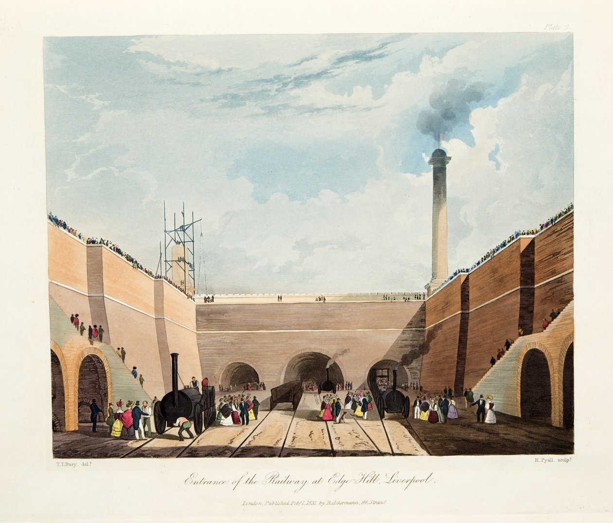 Rautatien sisäänkäynti Edge Hillissä, Liverpool, 1831 (käsinvärinen kaiverrus) tekijältä Thomas Talbot Bury