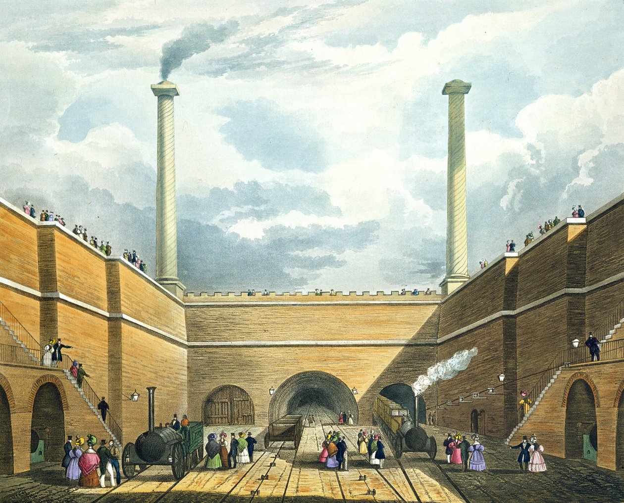 Rautatien sisäänkäynti Edge Hillissä, Liverpool, levy 2 kohdasta "Liverpool and Manchester Railway", kaiverrus S.G. Hughes, pub. Ackermann und Co., 1833 tekijältä Thomas Talbot Bury