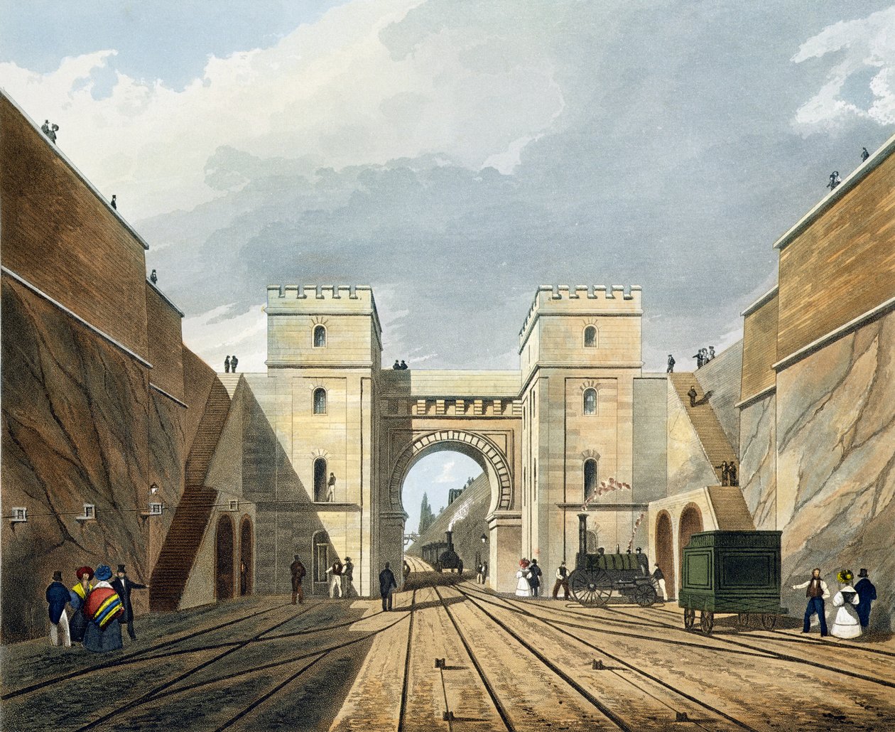 Maurien kaari, Tunnelista katsottuna, levy 10 Liverpool and Manchester Railwaysta, kaiverrus S.G. Hughes, pub. kirjoittanut R. Ackermann, 1831 tekijältä Thomas Talbot Bury