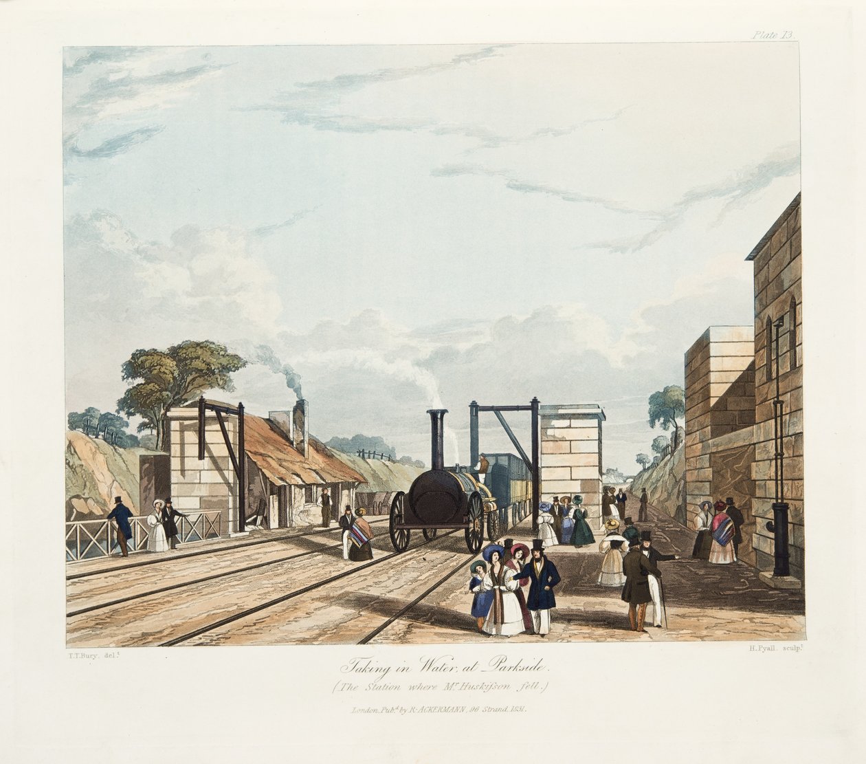 Taking in Water, Parkside (asema, jossa herra Huskisson kaatui), julkaistu 1831 (käsinvärinen kaiverrus) tekijältä Thomas Talbot Bury