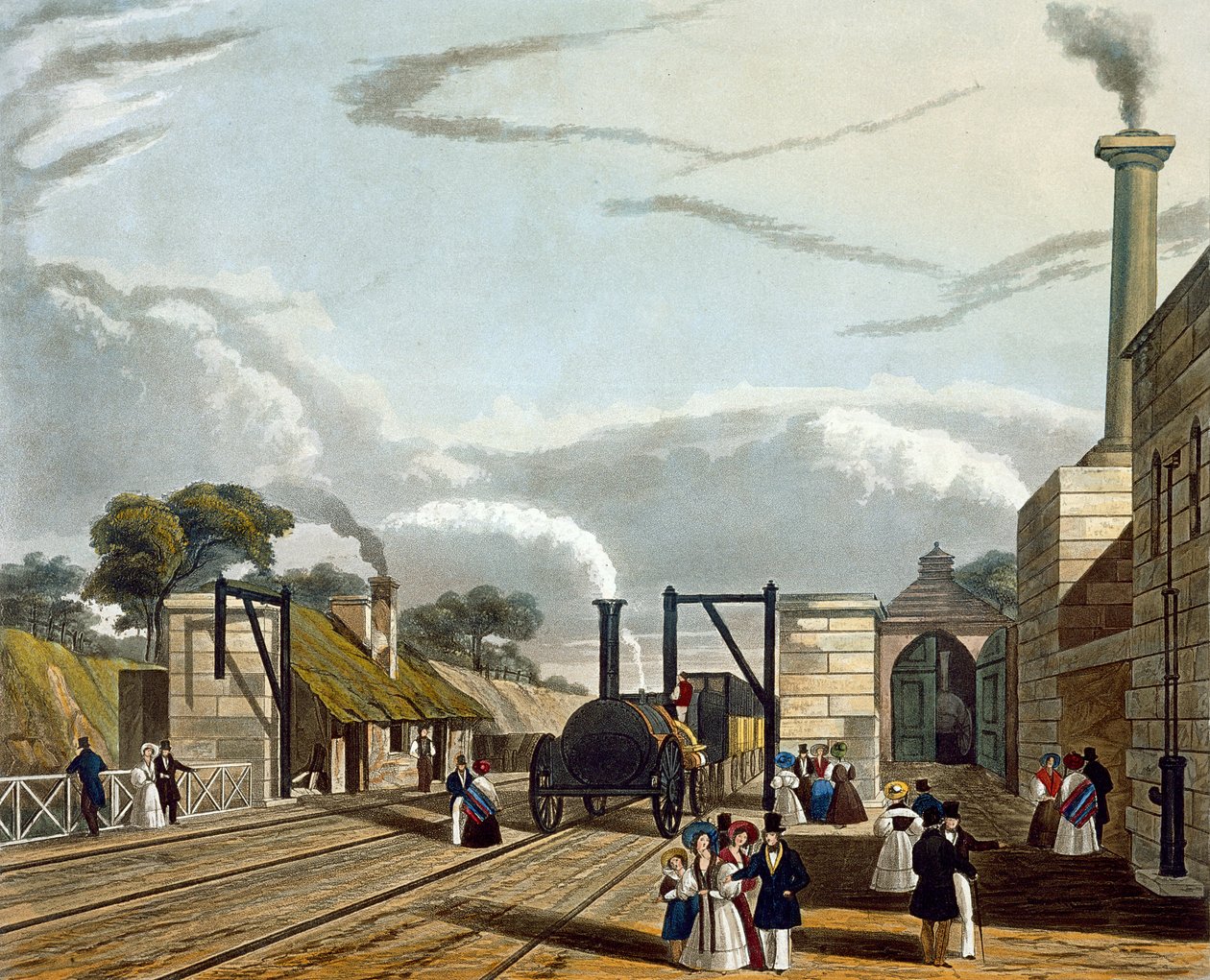 Veden ottaminen Parksidessa, levy 13 julkaisusta "Liverpoolin und Manchester Railwayn värillinen näkymä", kaiverrettu H. Pyall, julkaissut Ackermann und Co., Lontoo, 1833 tekijältä Thomas Talbot Bury