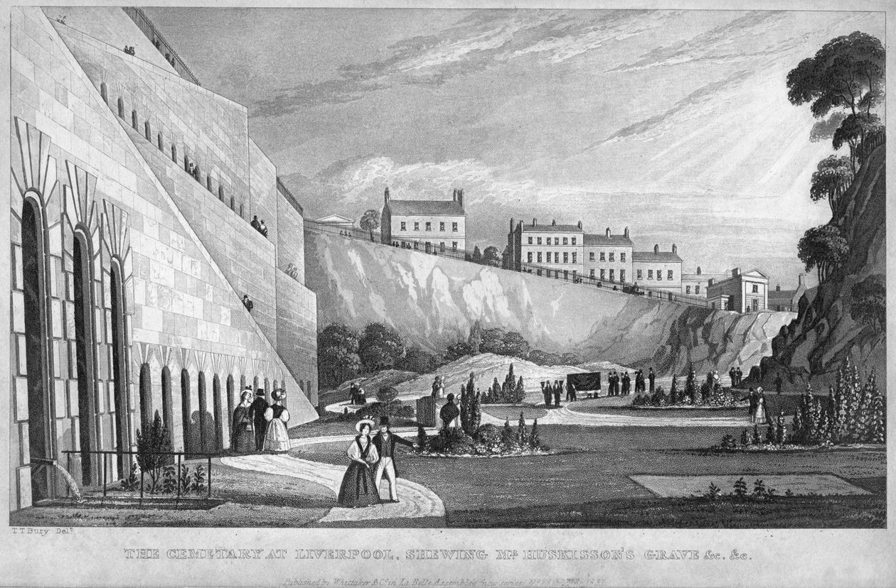 Liverpoolin hautausmaa, jossa näkyy Mr Huskissons Grave jne, 1831. tekijältä Thomas Talbot Bury