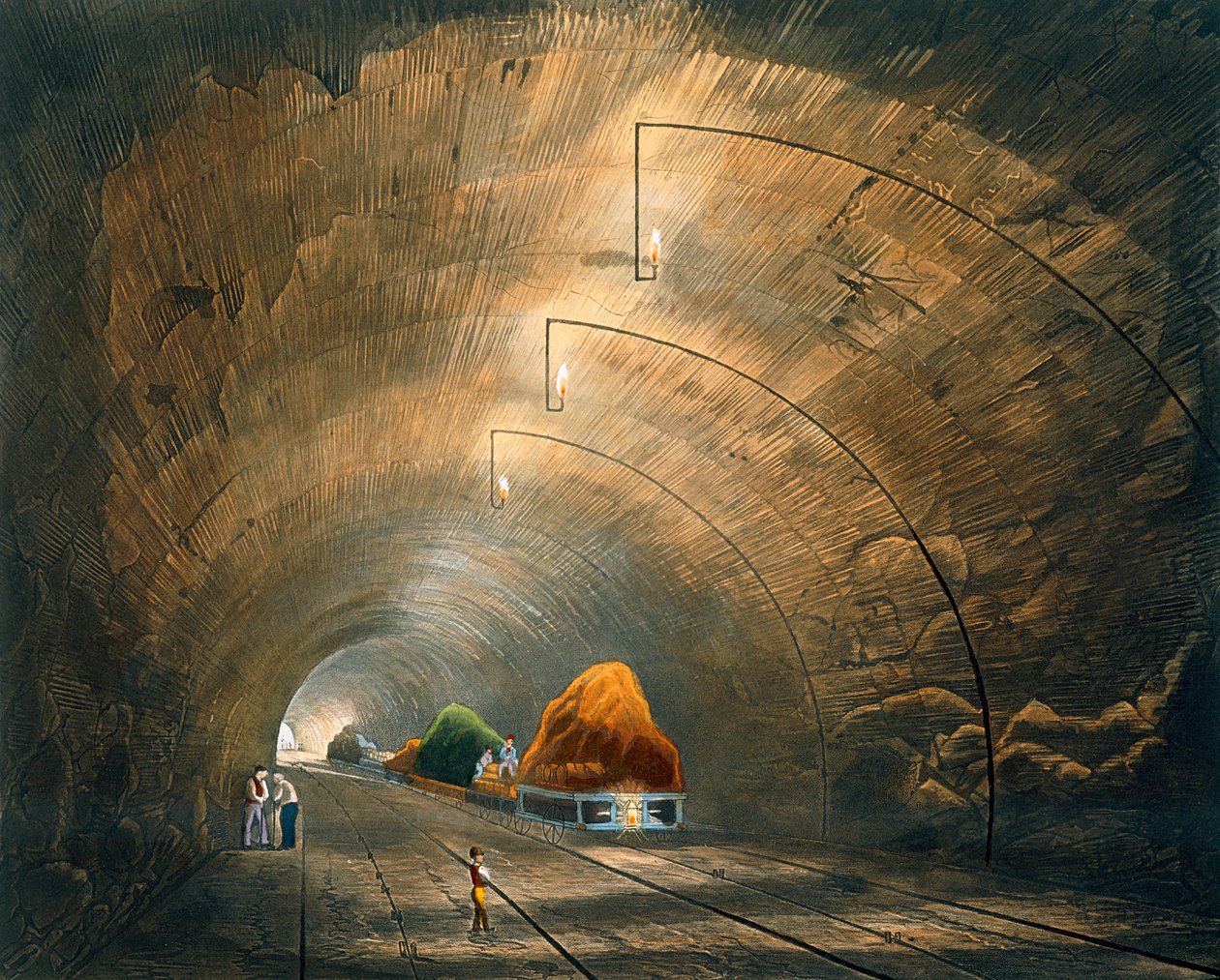 Tunneli, julkaisusta "Liverpoolin ja Manchesterin rautatien värillinen näkymä", H. Pyallin kaiverrus, julkaisija Ackermann und Co., Lontoo, 1833 tekijältä Thomas Talbot Bury