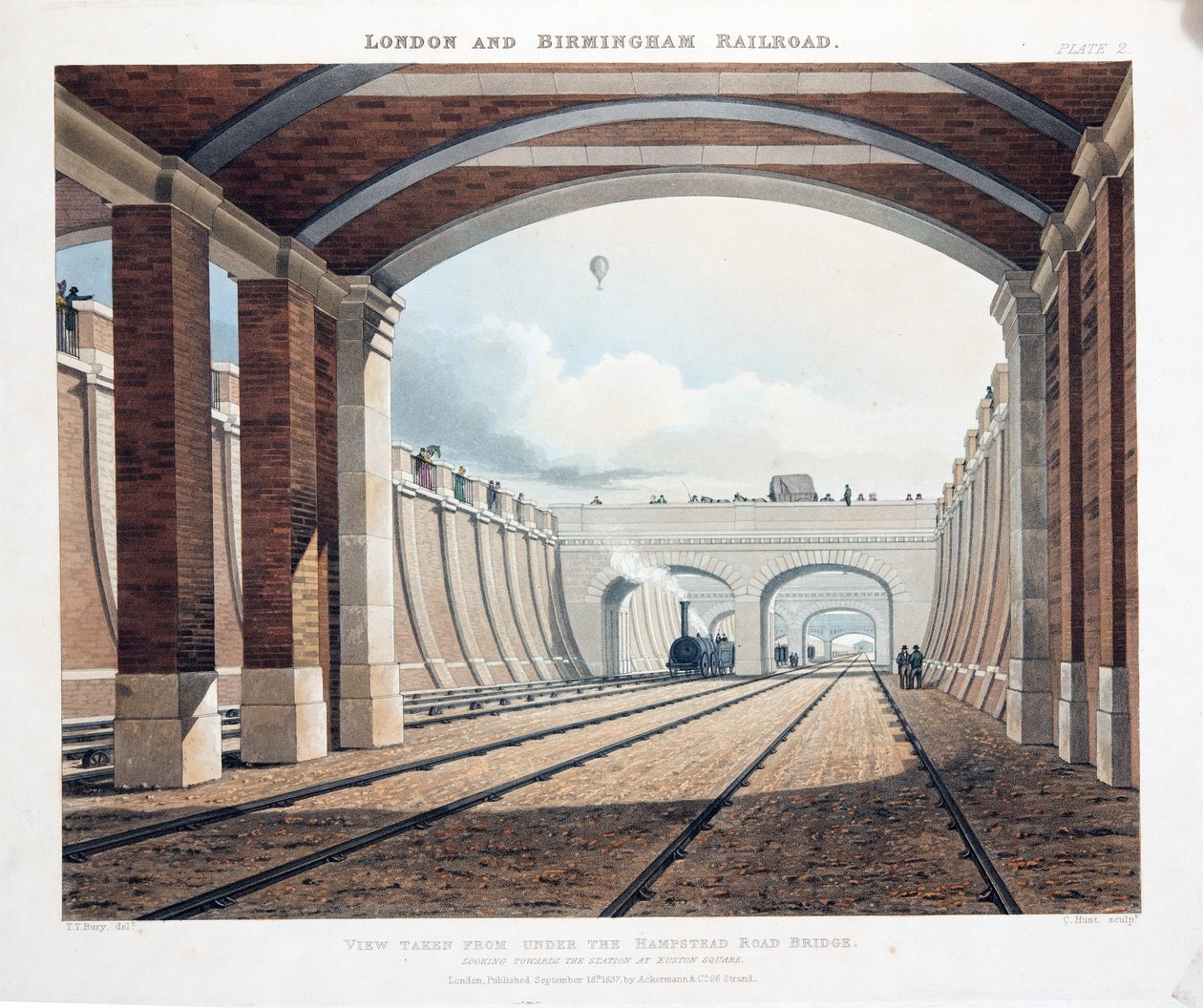 Näkymä otettu Hampstead Road Bridgen alta, katsoen kohti asemaa Euston Squarella, 1837 (käsinvärinen kaiverrus) tekijältä Thomas Talbot Bury
