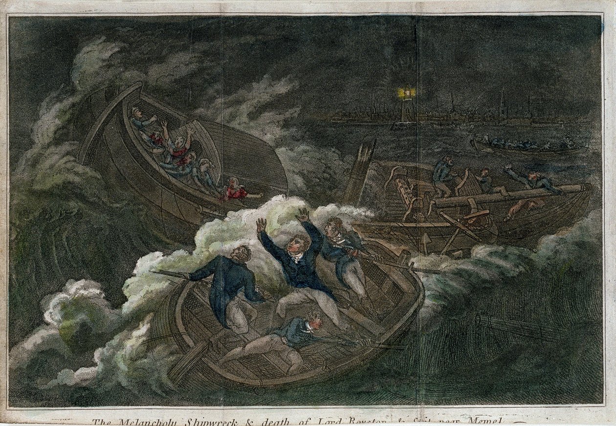 Melankolinen haaksirikko ja lordi Roystonin kuolema. Litografia (17,5 x 25,8 cm), Lontoon (Englanti) painos, tekijä Thomas Tegg (1808). Englantilainen taide tekijältä Thomas Tegg