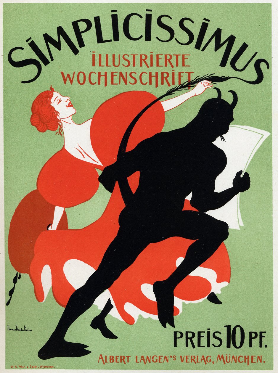 Taide. Kirjallisuus. Simplicissimus-lehti. Thomas Thedor Heinen juliste, Saksa, n. 1890 (juliste) tekijältä Thomas Theodor Heine