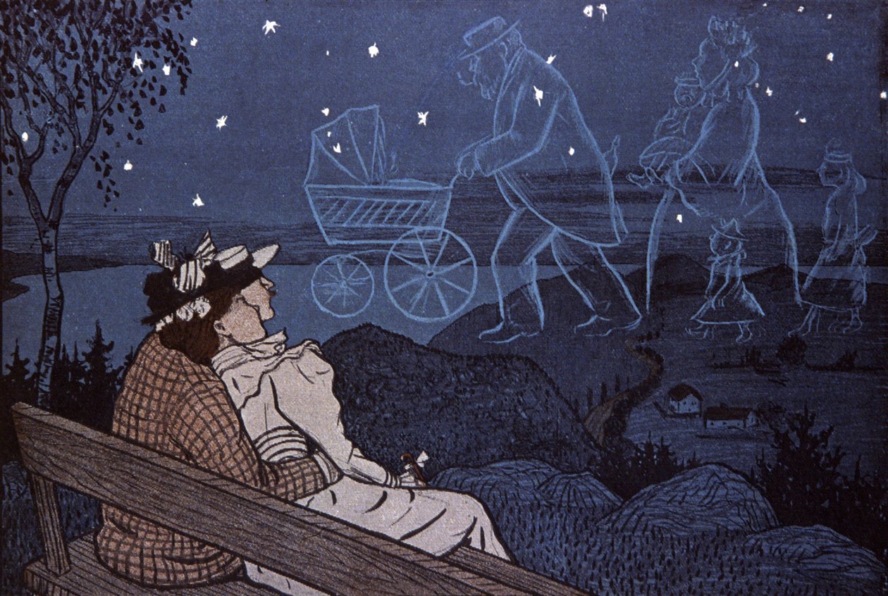 Pari ulkona katsomassa tulevaisuuttaan tähdissä: lapset, perhe. Kuvitus Th.Th. Heine paikassa: Simplicissimus, Saksa tekijältä Thomas Theodor Heine