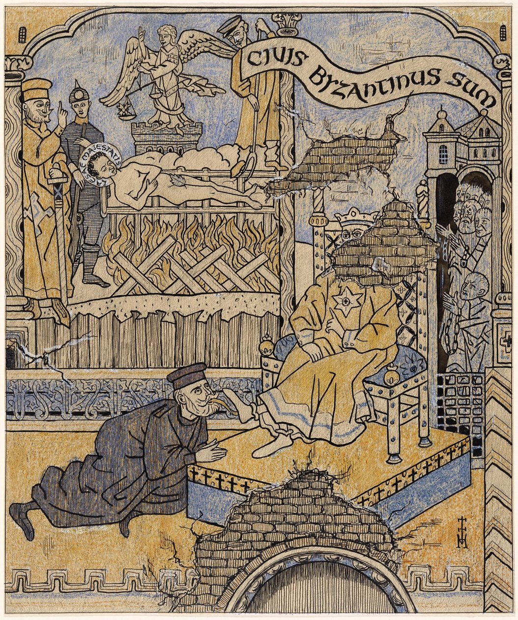 Uudelleen löydetty seinämaalaus Bysantin oikeuspalatsissa; Simplicissimus V/34 tekijältä Thomas Theodor Heine