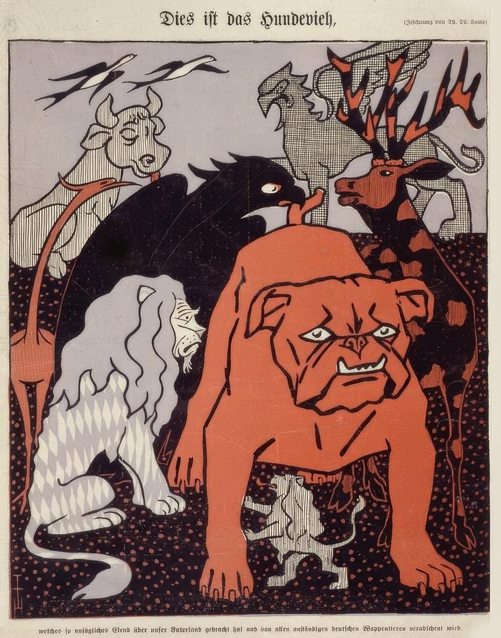 Nämä ovat niitä koirakarjaa, jotka ovat tuoneet niin sanomattoman kurjuuden isänmaahamme ja joita kaikki kunnolliset saksalaiset heraldiset eläimet inhoavat. tekijältä Thomas Theodor Heine