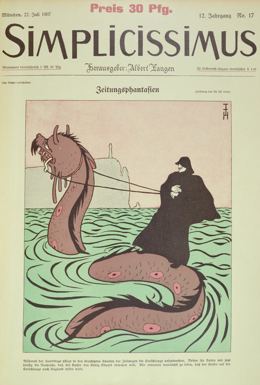 Kaiser ratsastaa merikäärmeellä Englantiin, kansikuva Simplicissimusista tekijältä Thomas Theodor Heine