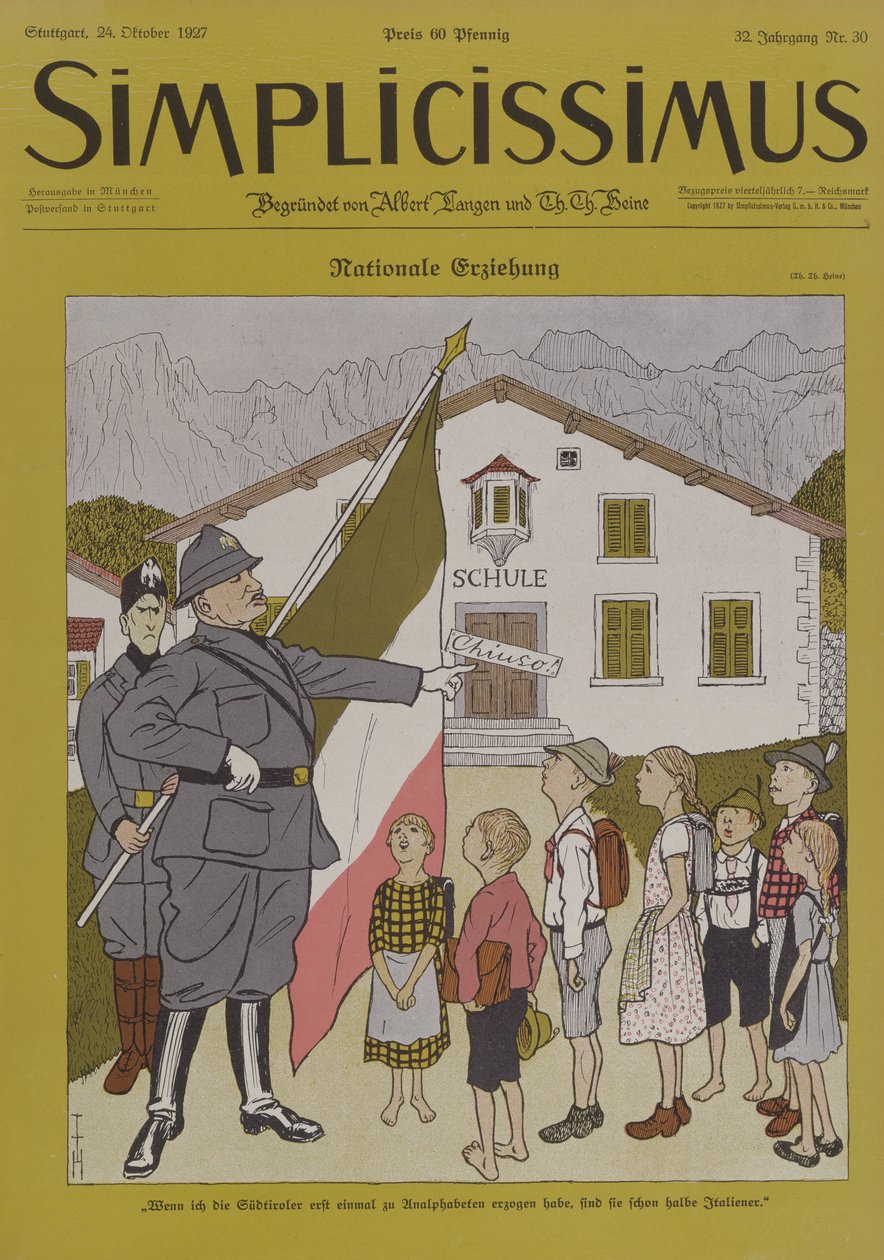 Mussolini (1883-1945) ja italialainen Tiroli, sarjakuva Simplicissimus-lehdestä, 24. lokakuuta 1924 (värilitho) tekijältä Thomas Theodor Heine