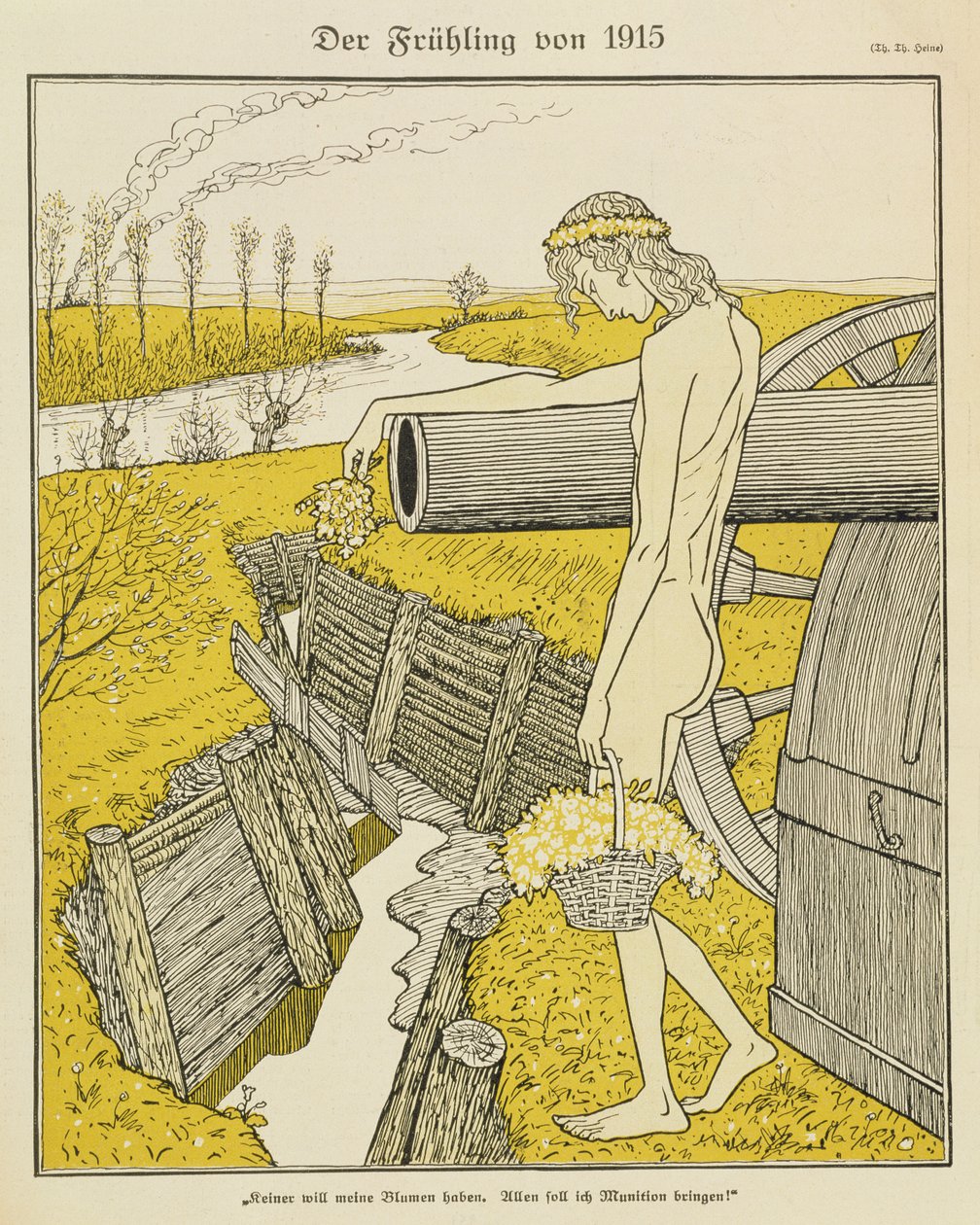 Kevät 1915, kuvitus saksalaisesta aikakauslehdestä "Simplicissimus", n. 1915 (litho) tekijältä Thomas Theodor Heine