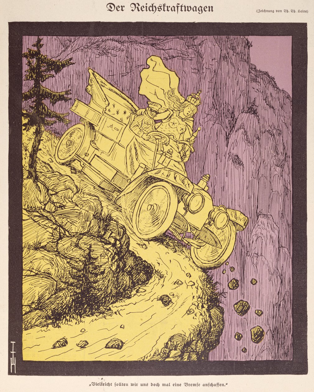 Wilhelm II:n (1859-1941) ajama Saksan valtakunnan auto, kuva Simplicissimus 1907 -lehden kannesta (väri litho) tekijältä Thomas Theodor Heine