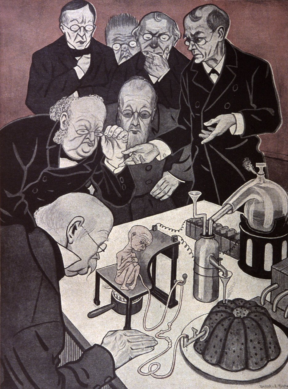 Homonculus (pienikokoinen, vaikkakin täysin muodostunut ihmiskeho). Kuvitus Th.Th. Heine julkaisussa: Simplicissimus, Saksa, n. 1900 (litografia) tekijältä Thomas Theodor Heine
