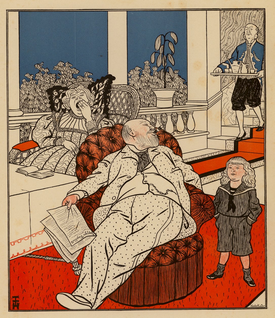 Nuori poika kysyy isältään, mikä hän haluaa olla isona (värilitografia). tekijältä Thomas Theodor Heine