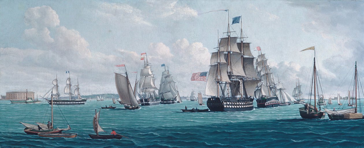Yhdysvaltain laiva Franklin, josta on näkymät New Yorkin lahdelle, 1820- tai 1830-luku. tekijältä Thomas Thompson