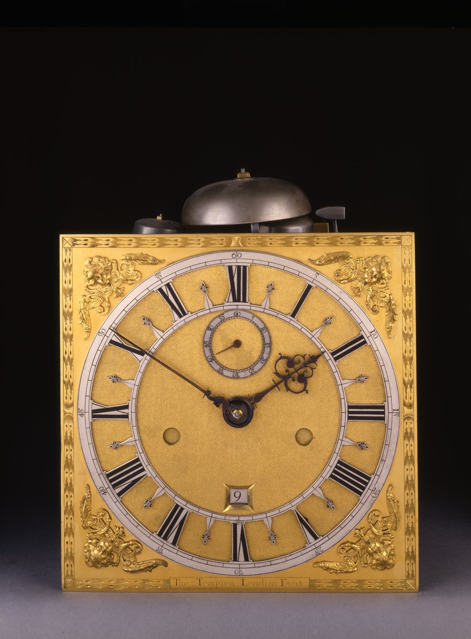 Yksityiskohta Kaarle II:n roomalaisesta iskevästä kuukausikellosta, 1675 tekijältä Thomas Tompion