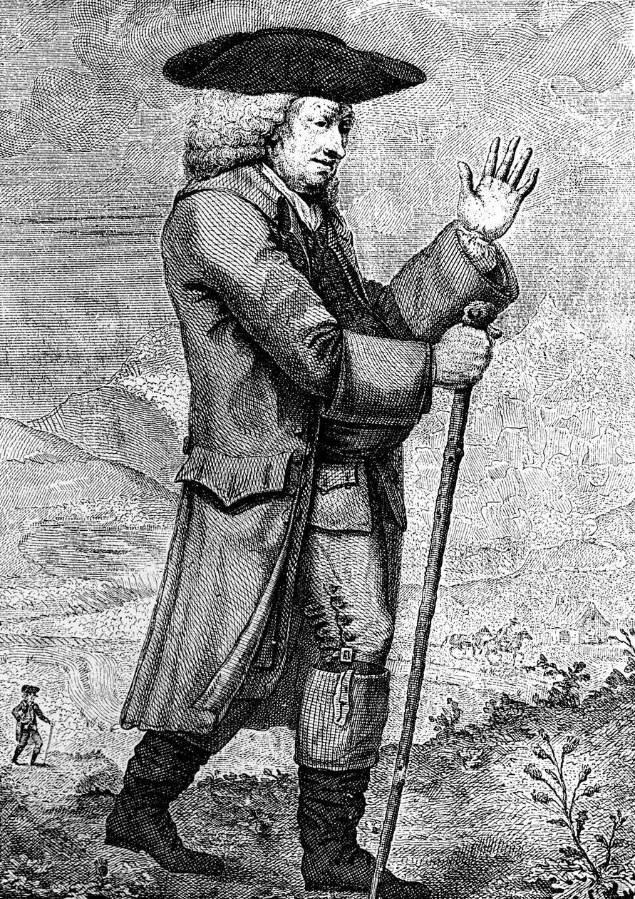 Tohtori Johnson matkapuvussaan, kuten kuvataan Boswells Tourissa, c1773, 1786 tekijältä Thomas Trotter