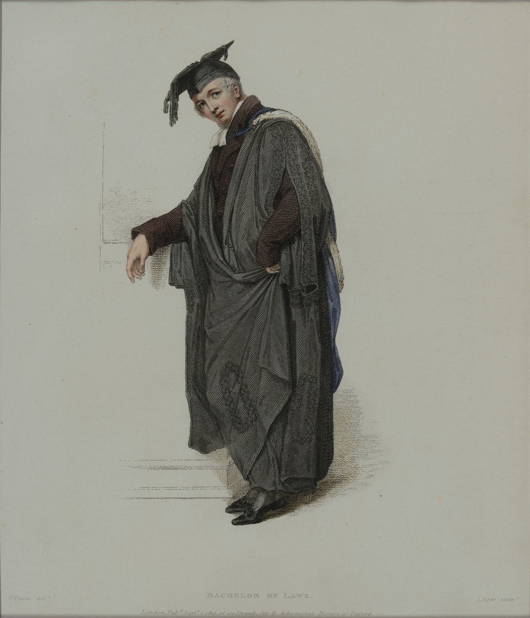 Oikeustieteen kandidaatti, kaivertanut J. Agar, julkaistu R. Ackermannin teoksessa "History of Oxford", 1813 (käsinvärinen kaiverrus) tekijältä Thomas Uwins