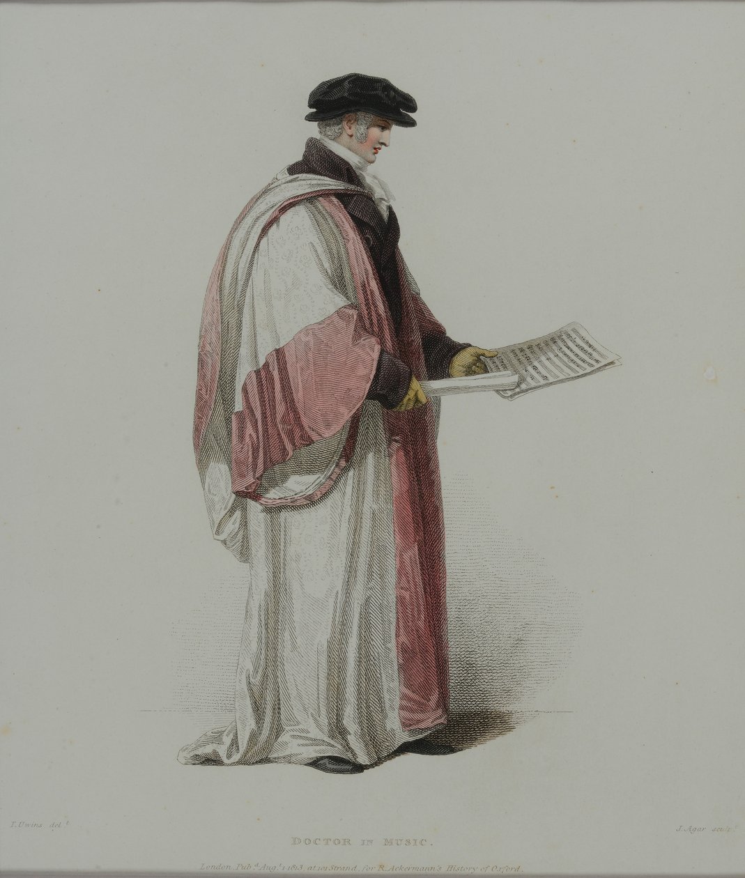 Musiikin tohtori, kaiverrus J. Agar, julkaistu R. Ackermannin teoksessa "History of Oxford", 1813 (käsinvärinen kaiverrus) tekijältä Thomas Uwins