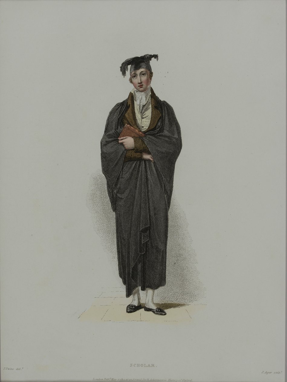 Scholar, kaiverrettu J. Agar, julkaistu R. Ackermannin teoksessa "History of Oxford", 1814 (käsinvärinen etsaus) tekijältä Thomas Uwins