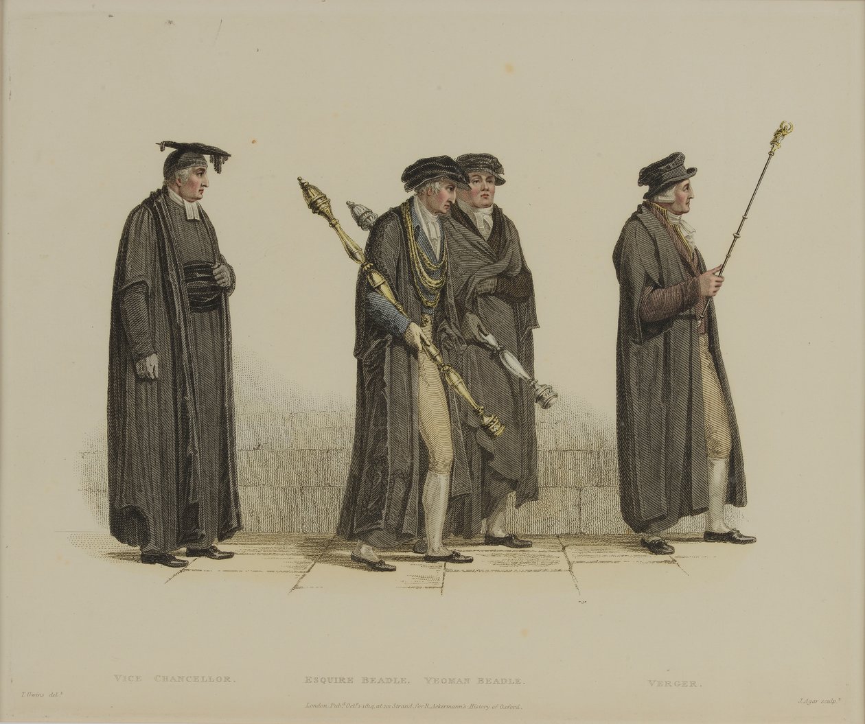 Varakansleri, Esquire Beadle, Yeoman Beadle, Verger, kaivertanut J. Agar, julkaistu R. Ackermannin teoksessa "History of Oxford", 1813 (käsinvärinen kaiverrus) tekijältä Thomas Uwins