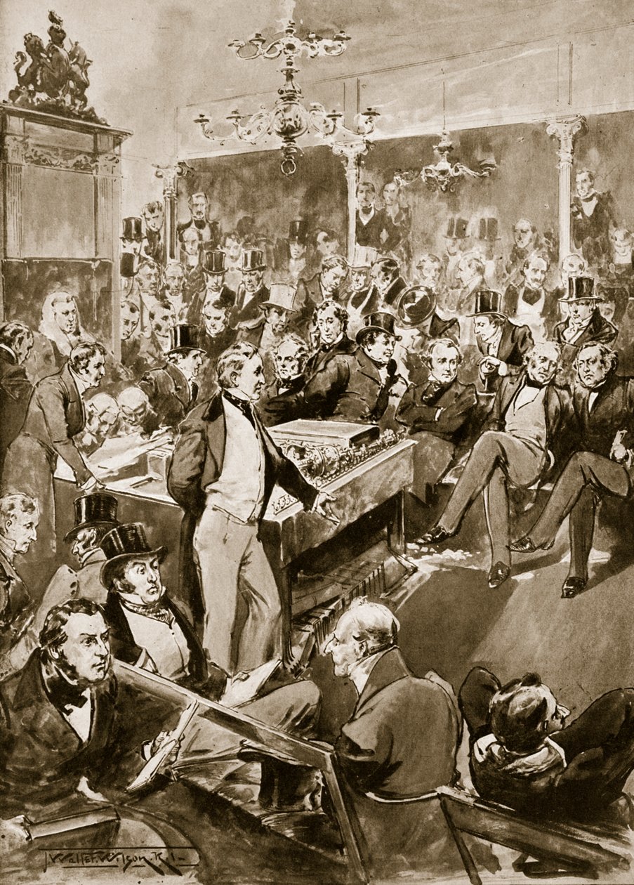 Sir Robert Peel talossa, 1846, kuvitus "Hutchinsonin tarinasta brittiläisestä kansasta", n. 1923 tekijältä Thomas Walter Wilson