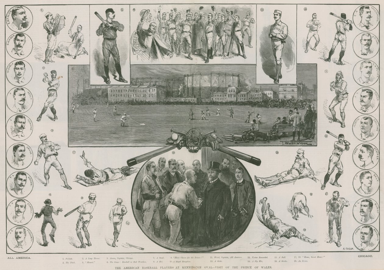 Amerikkalaiset baseball-pelaajat Kennington Ovalilla - Walesin prinssin vierailu (kaiverrus) (kaiverrus) tekijältä Thomas Walter Wilson