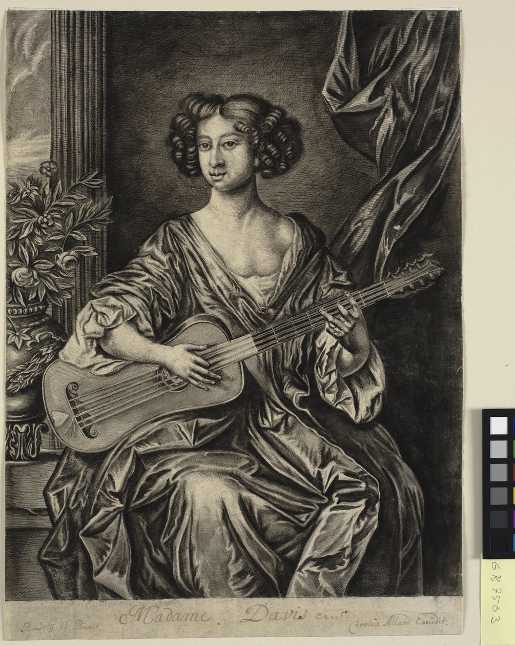 Lady soittaa kitaraa, "Madame Davis"; Sir Peter Lelyn maalatun muotokuvan jälkeen n. 1674 Mary Daviesista Earl of Bradfordin kokoelmassa tekijältä Thomas Watson
