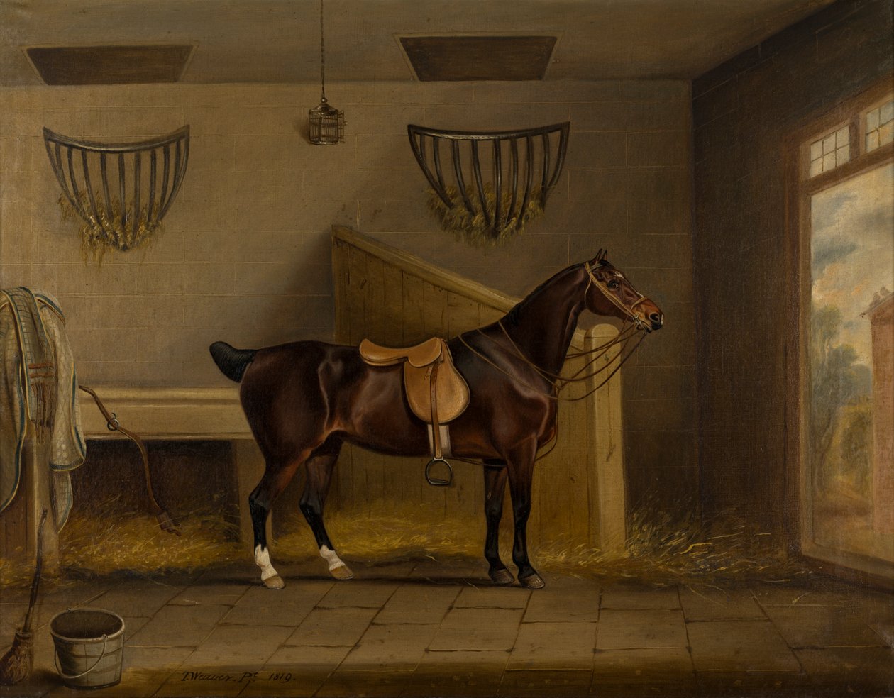 Satuloitu Bay Hunter tallissa, n. 1819 (öljy kankaalle) tekijältä Thomas Weaver