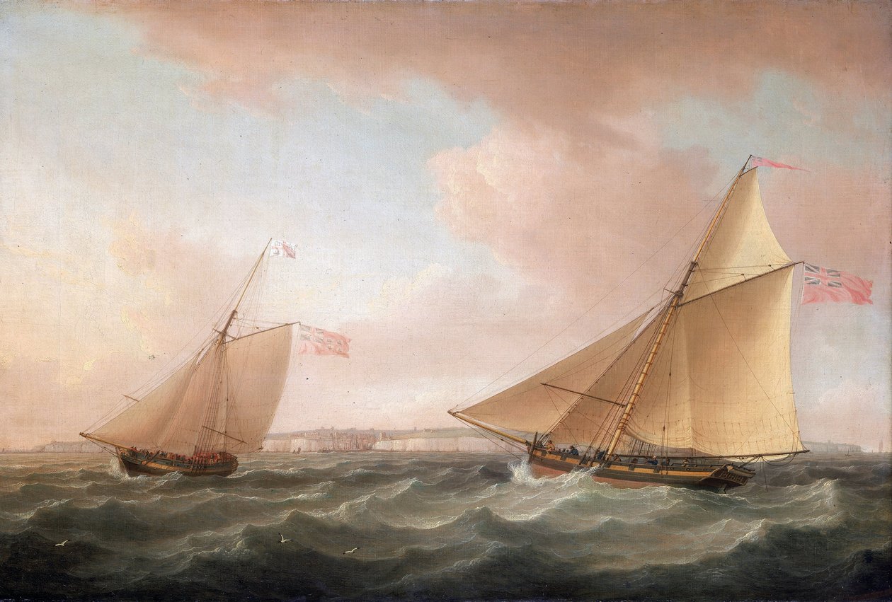 Brittiläisen majakkapalvelun jahti ja Revenue Cutter (salakuljetuksen torjuntaan aseistettu purjevene) Ramsgaten edustalla (Englanti). tekijältä Thomas Whitcombe