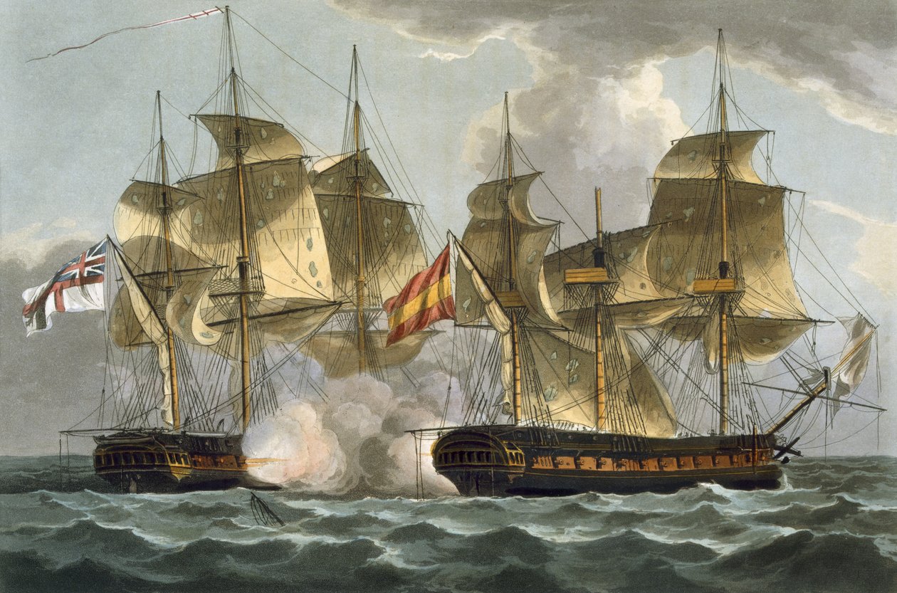 Mahonesan vangitseminen, 13. lokakuuta 1796, kaiverrus Thomas Sutherland J. Jenkinsin teokseen "Naval Achievements", 1816 (värikaiverrus) tekijältä Thomas Whitcombe