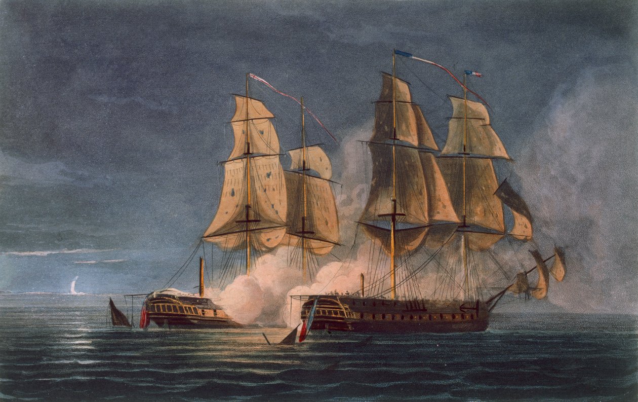 Thetiksen vangitseminen, HMS Amethyst, 10. marraskuuta 1808, kaiverrettu T. Sutherland J. Ralfen teokseen "The Naval Chronology of Great Britain", julkaistu 1820 tekijältä Thomas Whitcombe