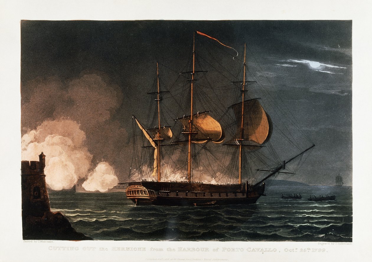 Hermionen leikkaaminen Porto Cavallon satamasta, 25. lokakuuta 1799, n. 1812-1816 tekijältä Thomas Whitcombe