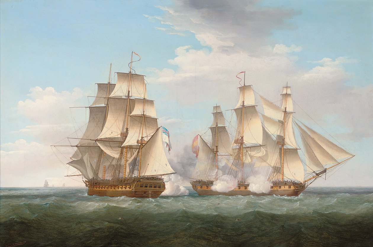 H.M.S. Ethalion toiminnassa espanjalaisen fregatin Thetis kanssa Cape Finisterren edustalla, 16. lokakuuta 1799, 1800 tekijältä Thomas Whitcombe