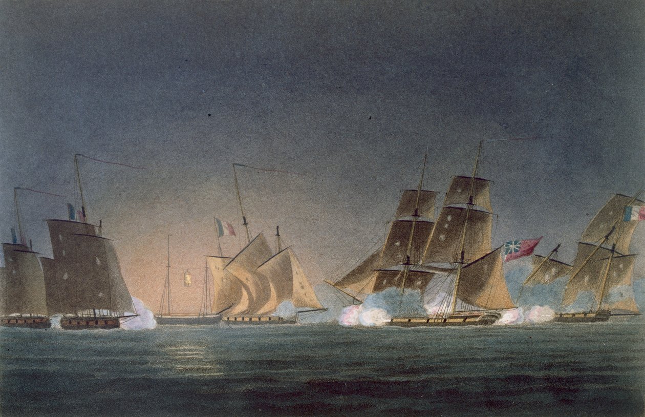 HMS Rinaldo työllistää neljä ranskalaista sotilasta, J. Bailey kaivertanut J. Ralfen teokseen "The Naval Chronology of Great Britain", julkaistu 1820 tekijältä Thomas Whitcombe