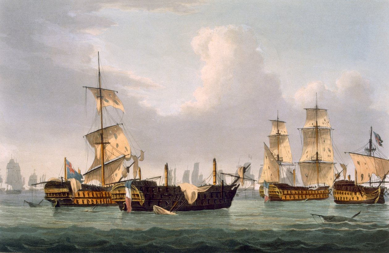 Lord Hothamin toiminta, 14. maaliskuuta 1795, kaivertanut Thomas Sutherland J. Jenkinsin teokseen "Naval Achievements", 1816 (värikaiverrus) tekijältä Thomas Whitcombe