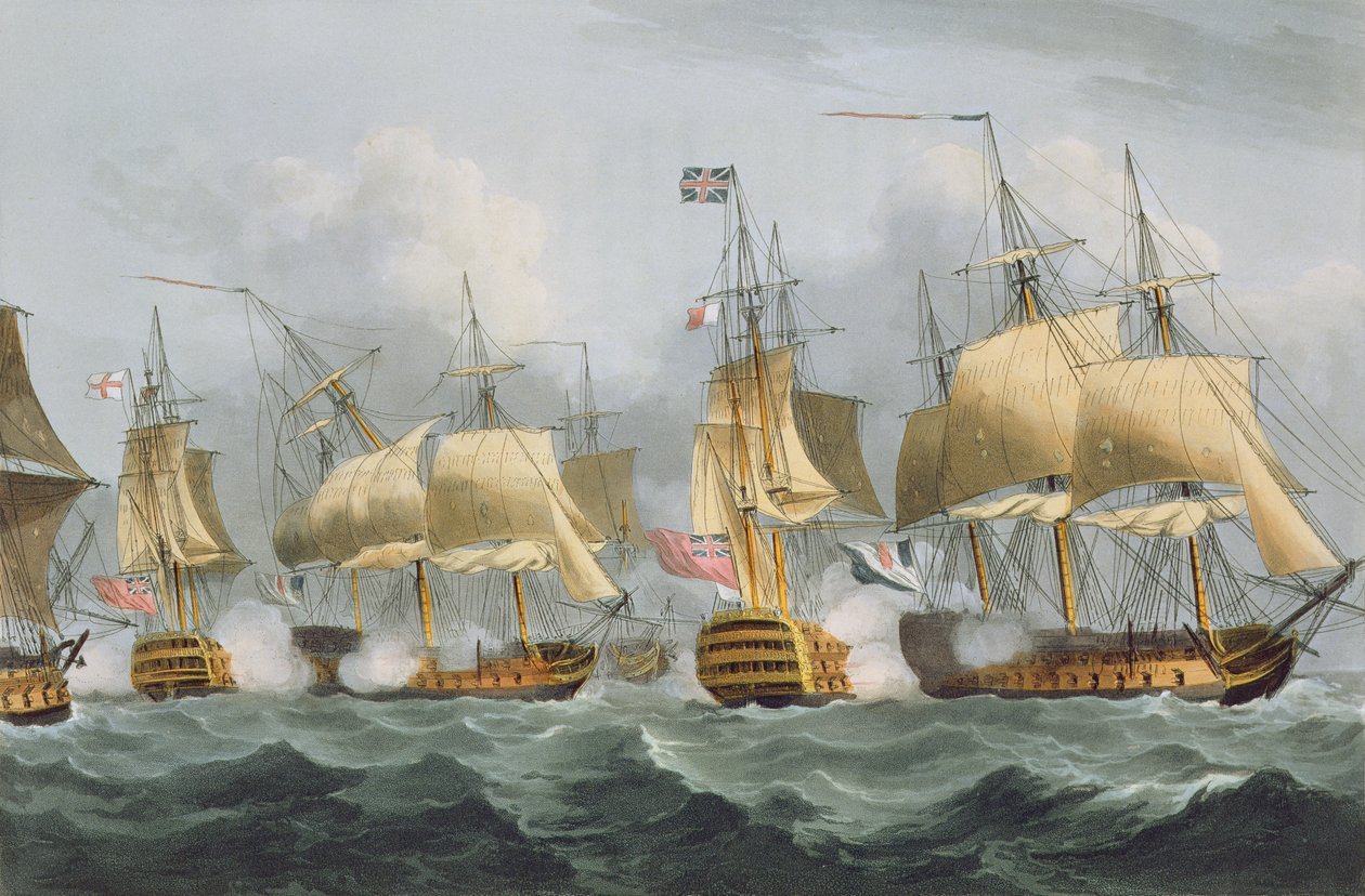 Lord Howe elokuvassa Queen Charlotte, Breaking the Enemy Line, 29. toukokuuta 1794, kaivertanut Thomas Sutherland J. Jenkinsin teokseen "Naval Achievements", 1816 (värikaiverrus) tekijältä Thomas Whitcombe