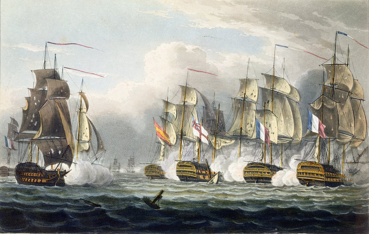 HMS Bellerophonin tilanne komentajansa kapteeni Cooken kuoleman jälkeen Trafalgarin taistelussa 21. lokakuuta 1805, T. Sutherlandin kaivertama teokseen "Ison-Britannian laivaston kronologia" tekijältä Thomas Whitcombe